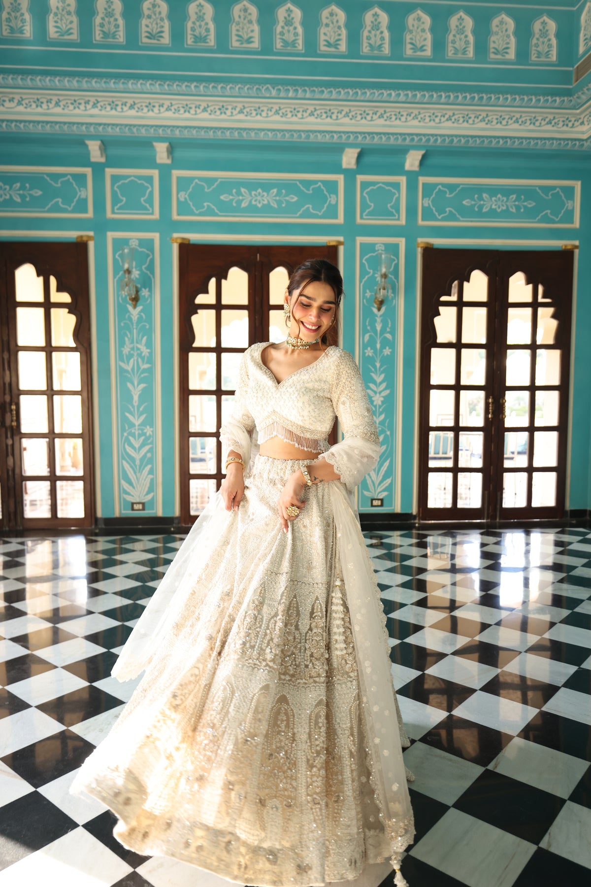 Ivory Net Lehenga with Pearl, Sequin & Crystal Embellishments
