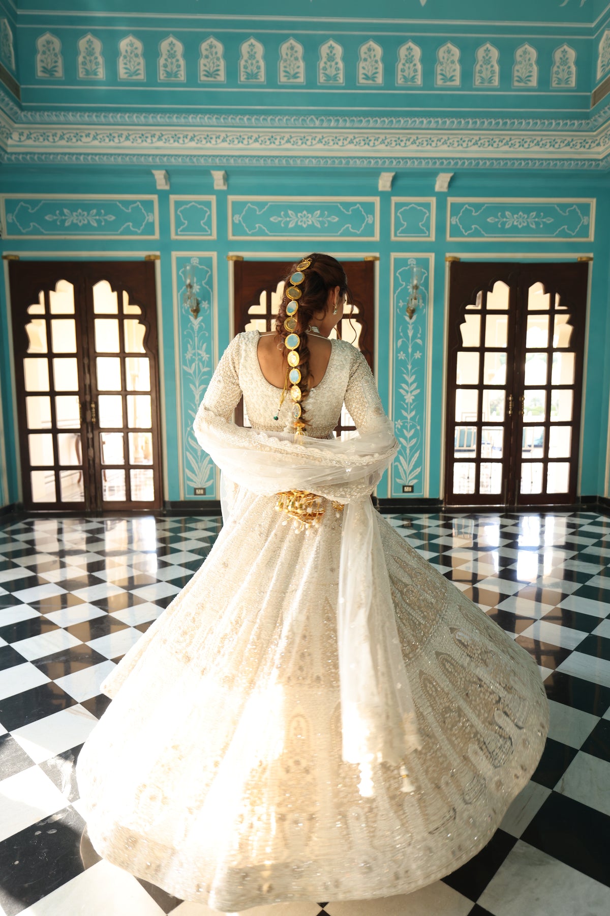 Ivory Net Lehenga with Pearl, Sequin & Crystal Embellishments