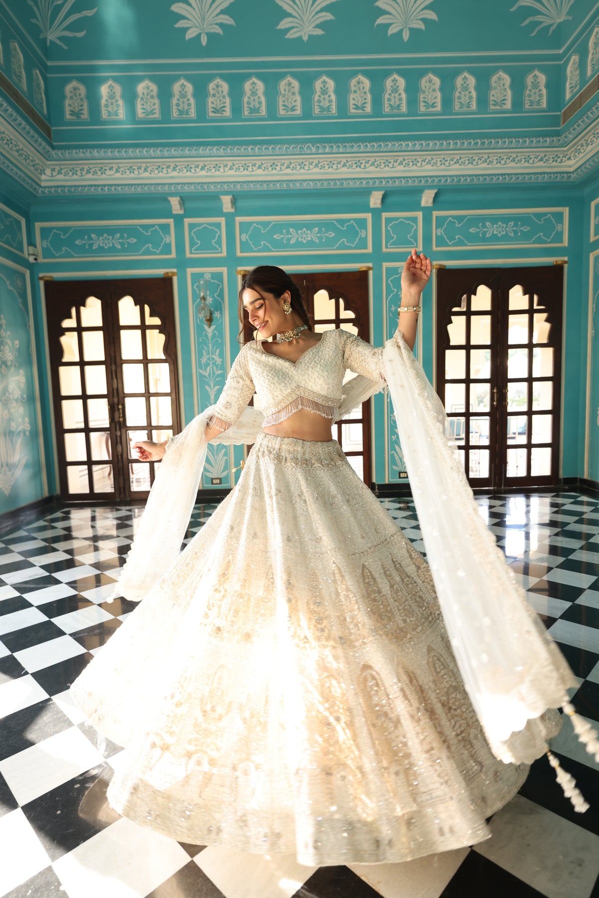 Ivory Net Lehenga with Pearl, Sequin & Crystal Embellishments