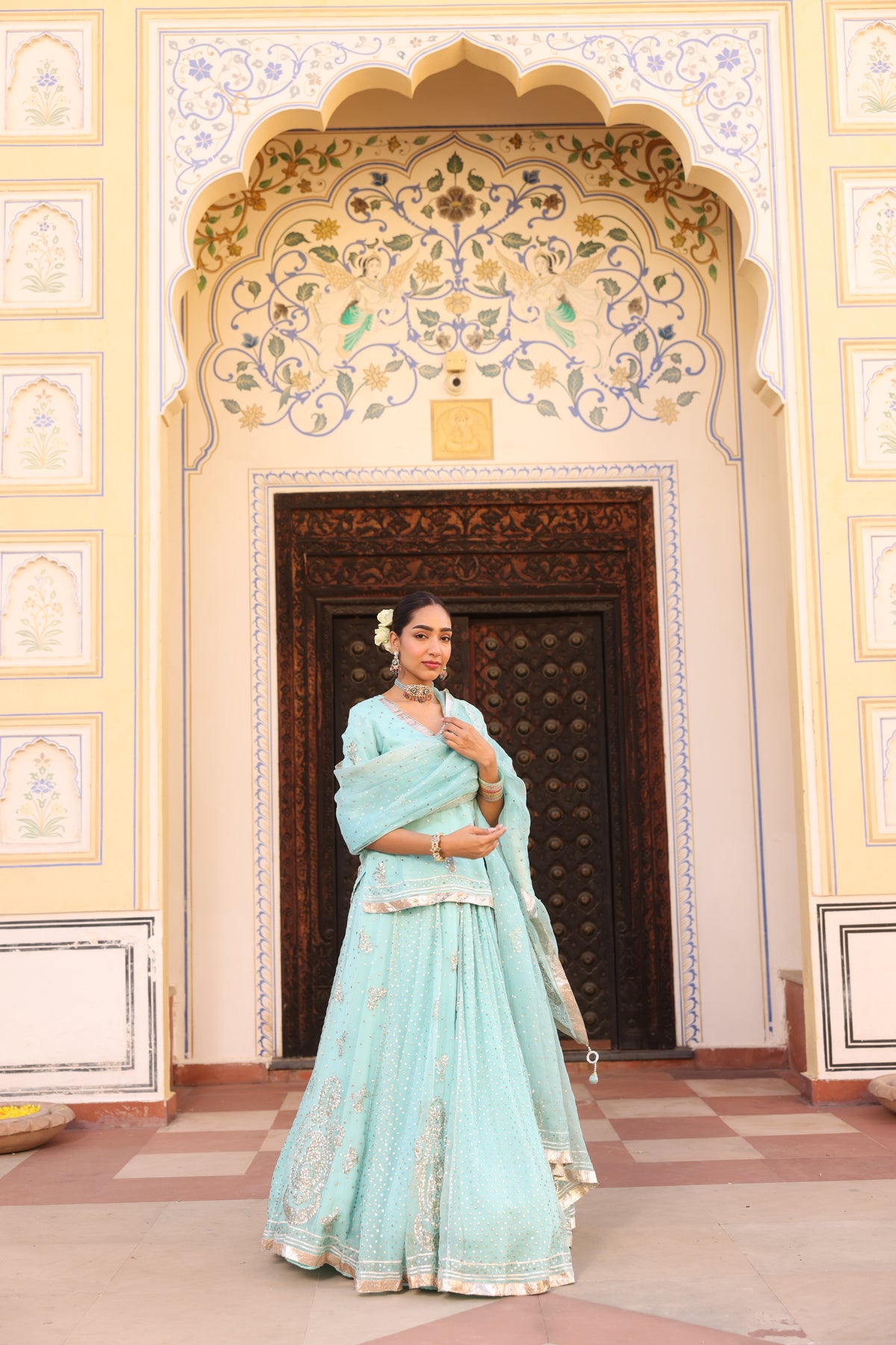 Ice Blue Organza Lehenga with Traditional Mukesh Work