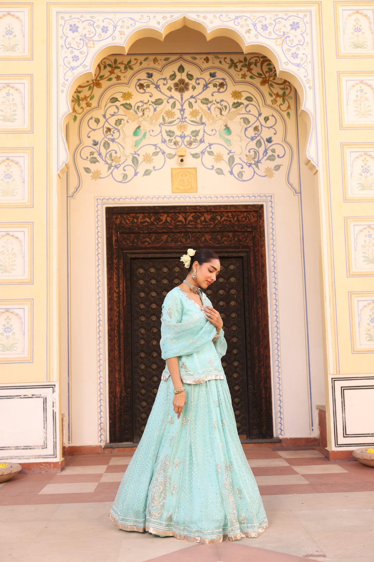 Ice Blue Organza Lehenga with Traditional Mukesh Work