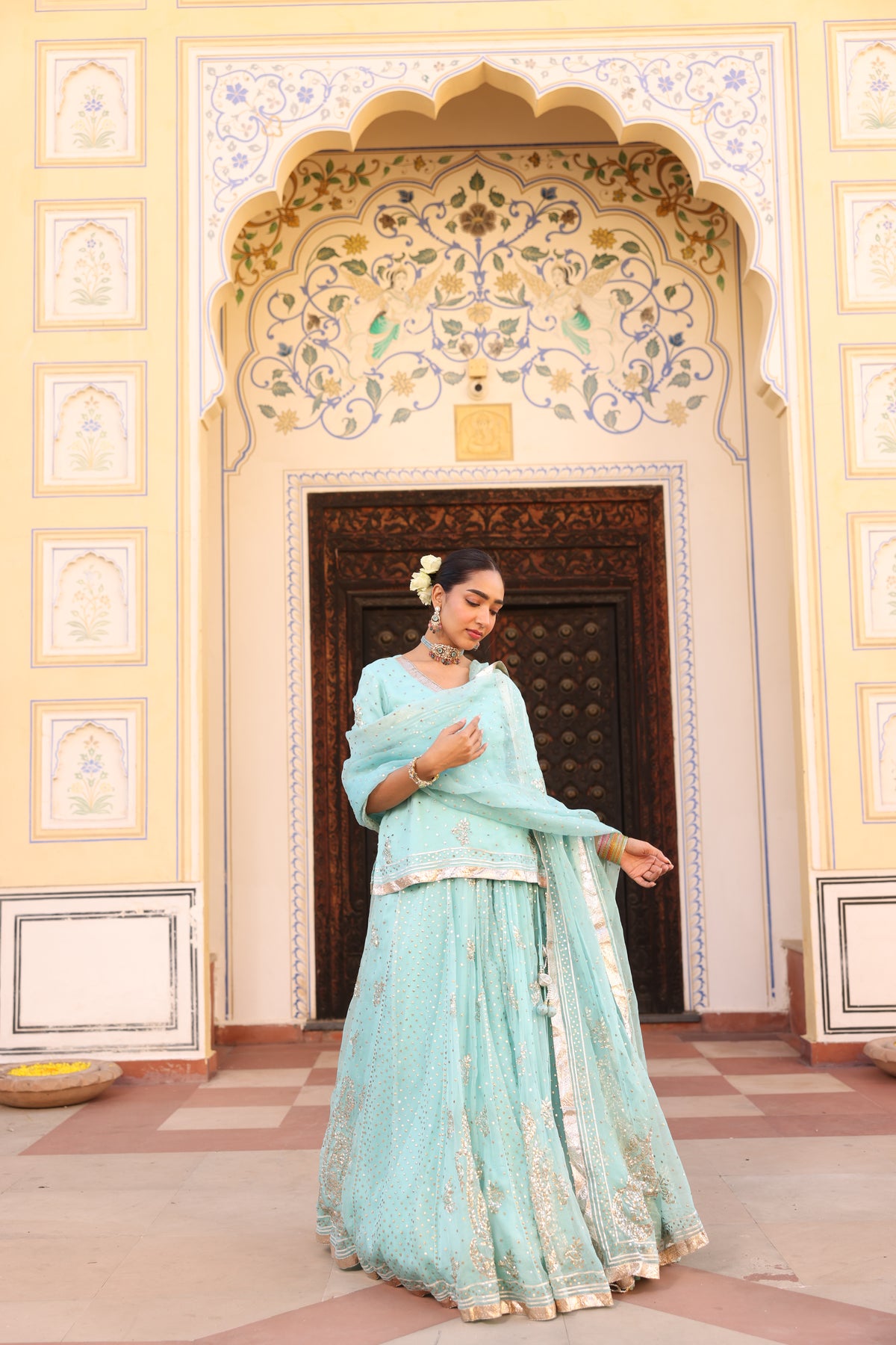 Ice Blue Organza Lehenga with Traditional Mukesh Work