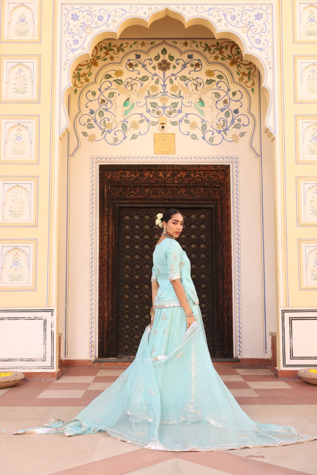 Ice Blue Organza Lehenga with Traditional Mukesh Work