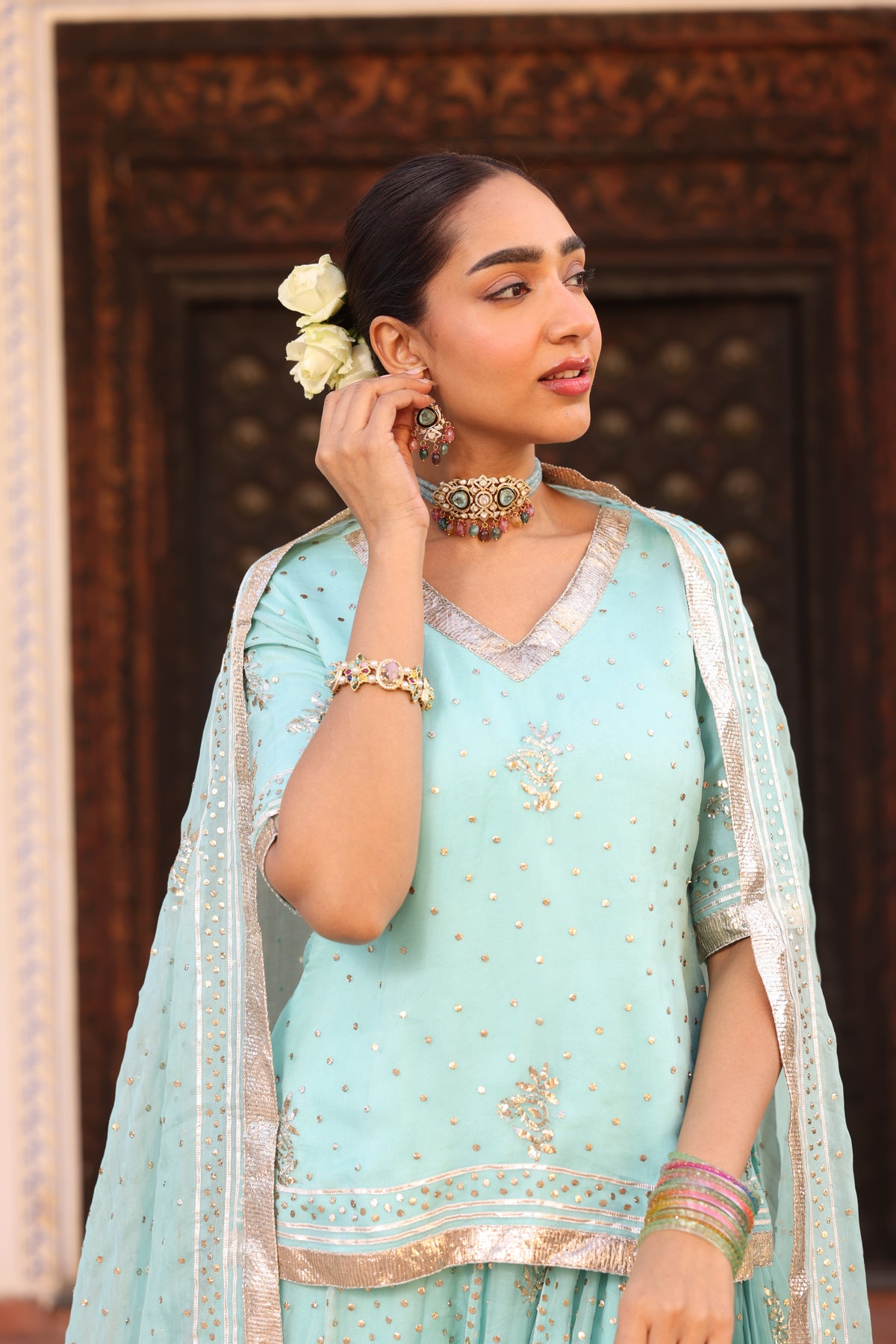 Ice Blue Organza Lehenga with Traditional Mukesh Work