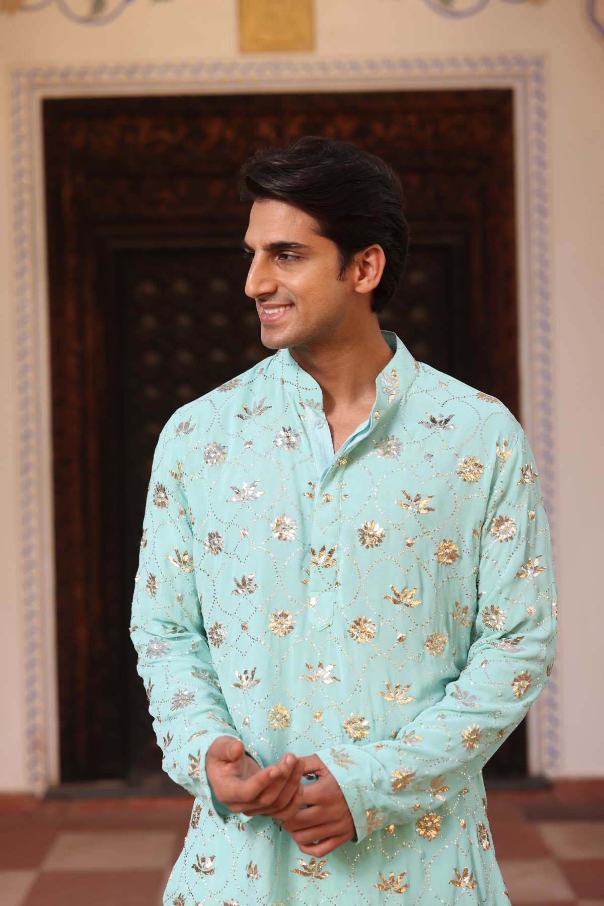 Ice Blue Kurta Set with Traditional Mukesh Work – Men's Ethnic Wear