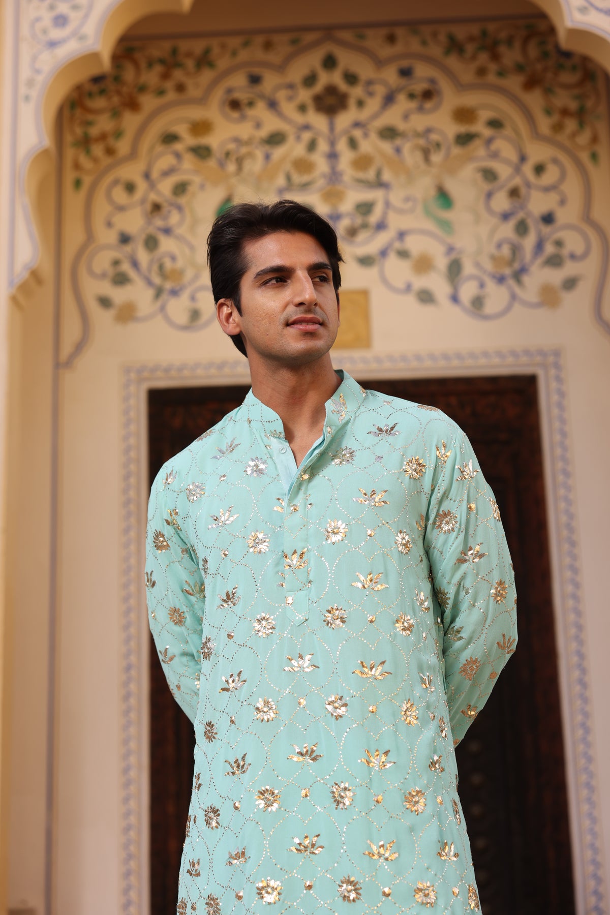 Ice Blue Kurta Set with Traditional Mukesh Work – Men's Ethnic Wear