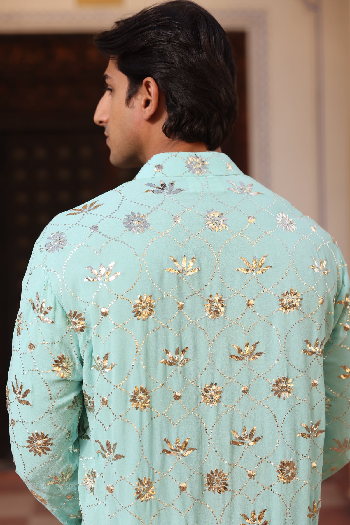 Ice Blue Kurta Set with Traditional Mukesh Work – Men's Ethnic Wear