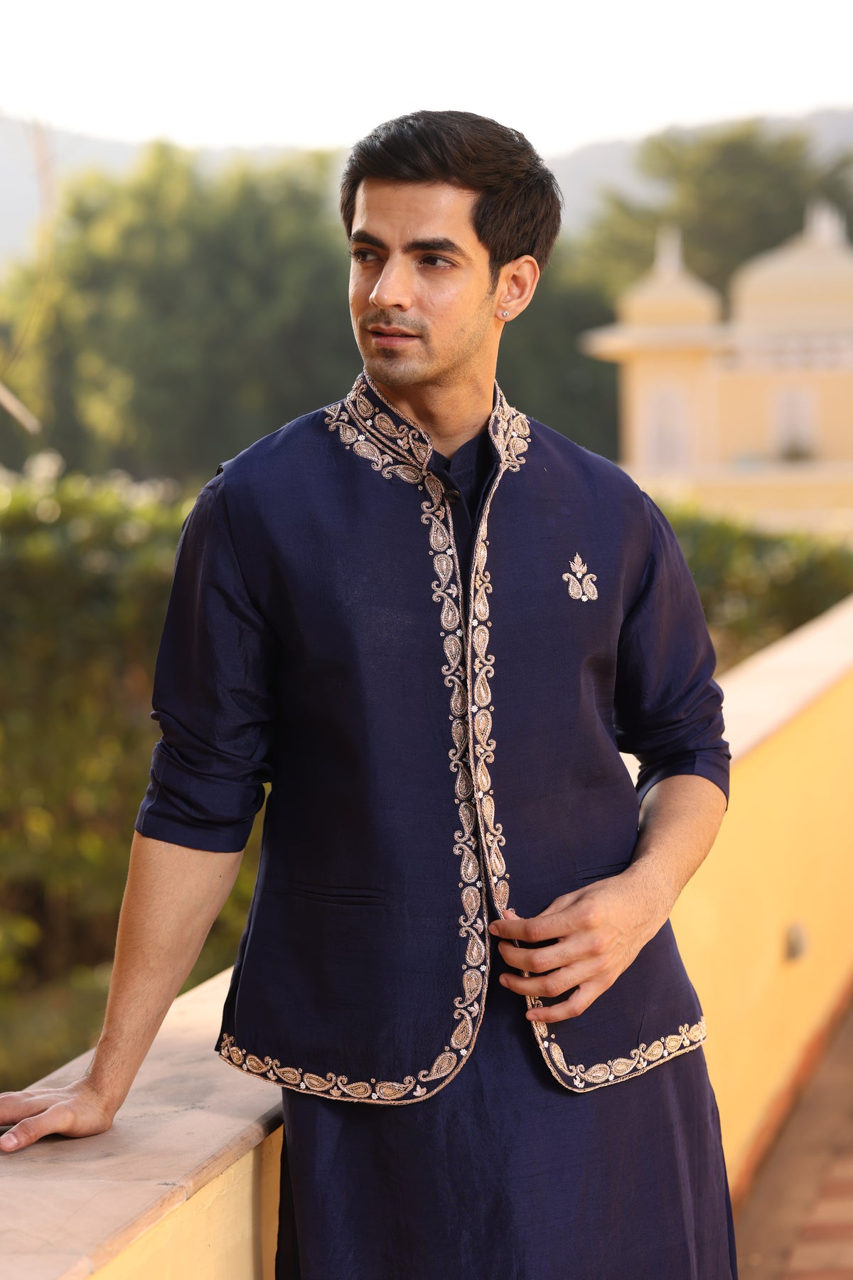 Navy Blue Silk Zardozi Davka Kurta Set with Modi-Jacket