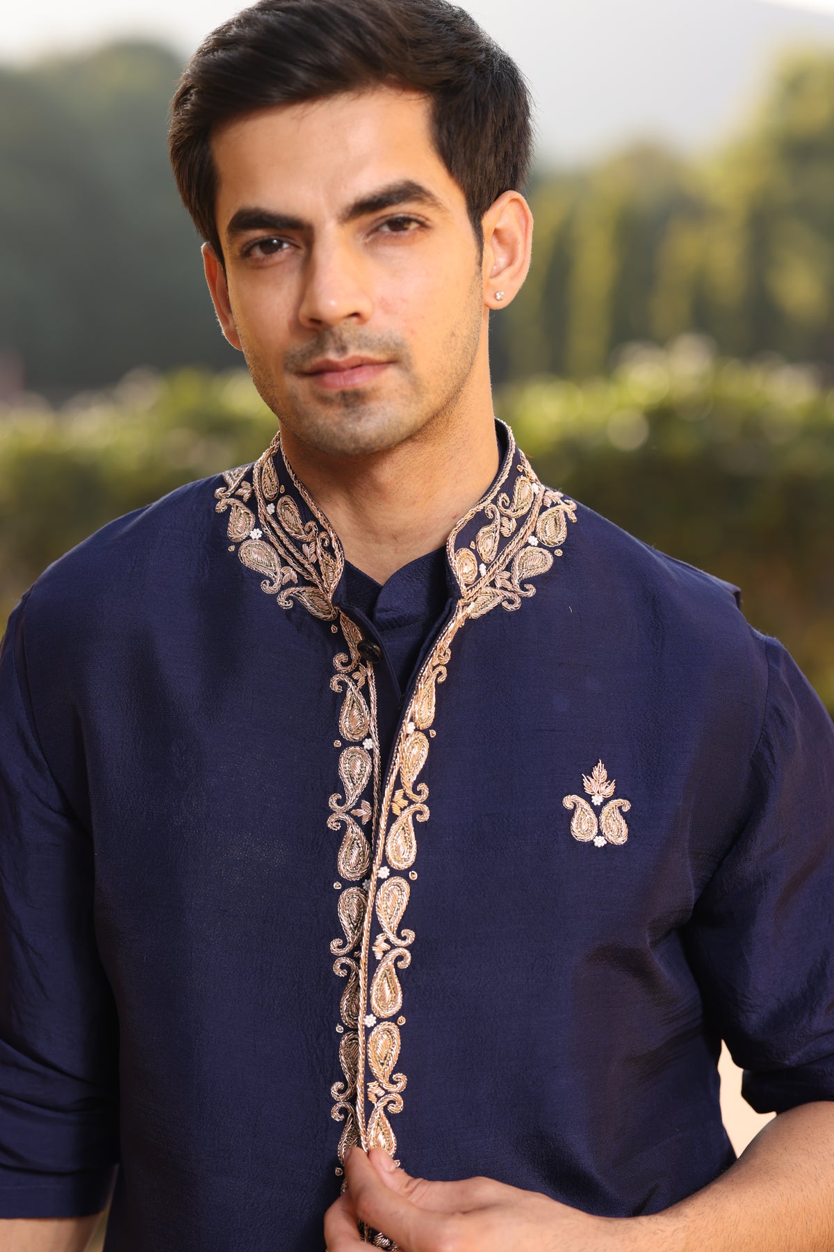 Navy Blue Silk Zardozi Davka Kurta Set with Modi-Jacket