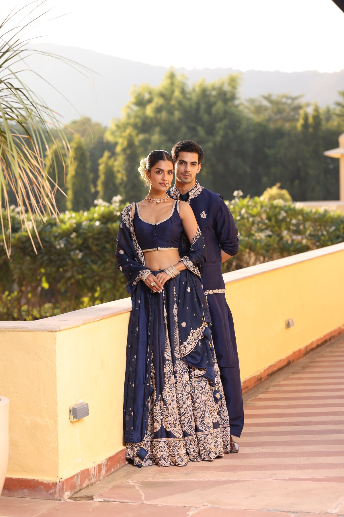 Navy Blue Couple Wear – Silk Lehenga & Zardozi Davka Kurta Set with Modi Jacket