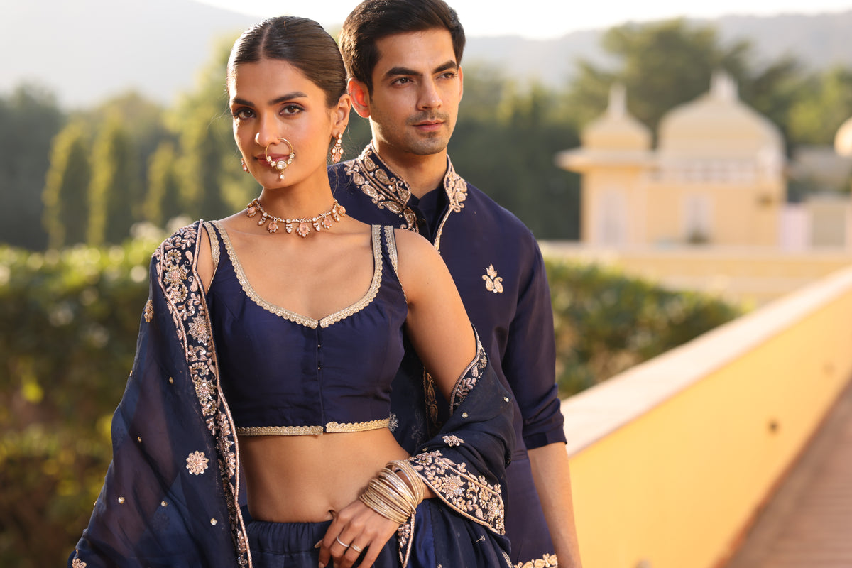 Navy Blue Couple Wear – Silk Lehenga & Zardozi Davka Kurta Set with Modi Jacket