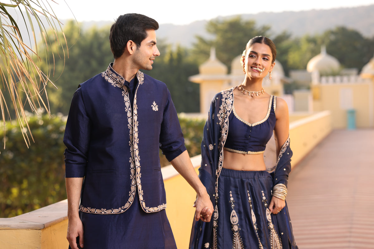 Navy Blue Couple Wear – Silk Lehenga & Zardozi Davka Kurta Set with Modi Jacket