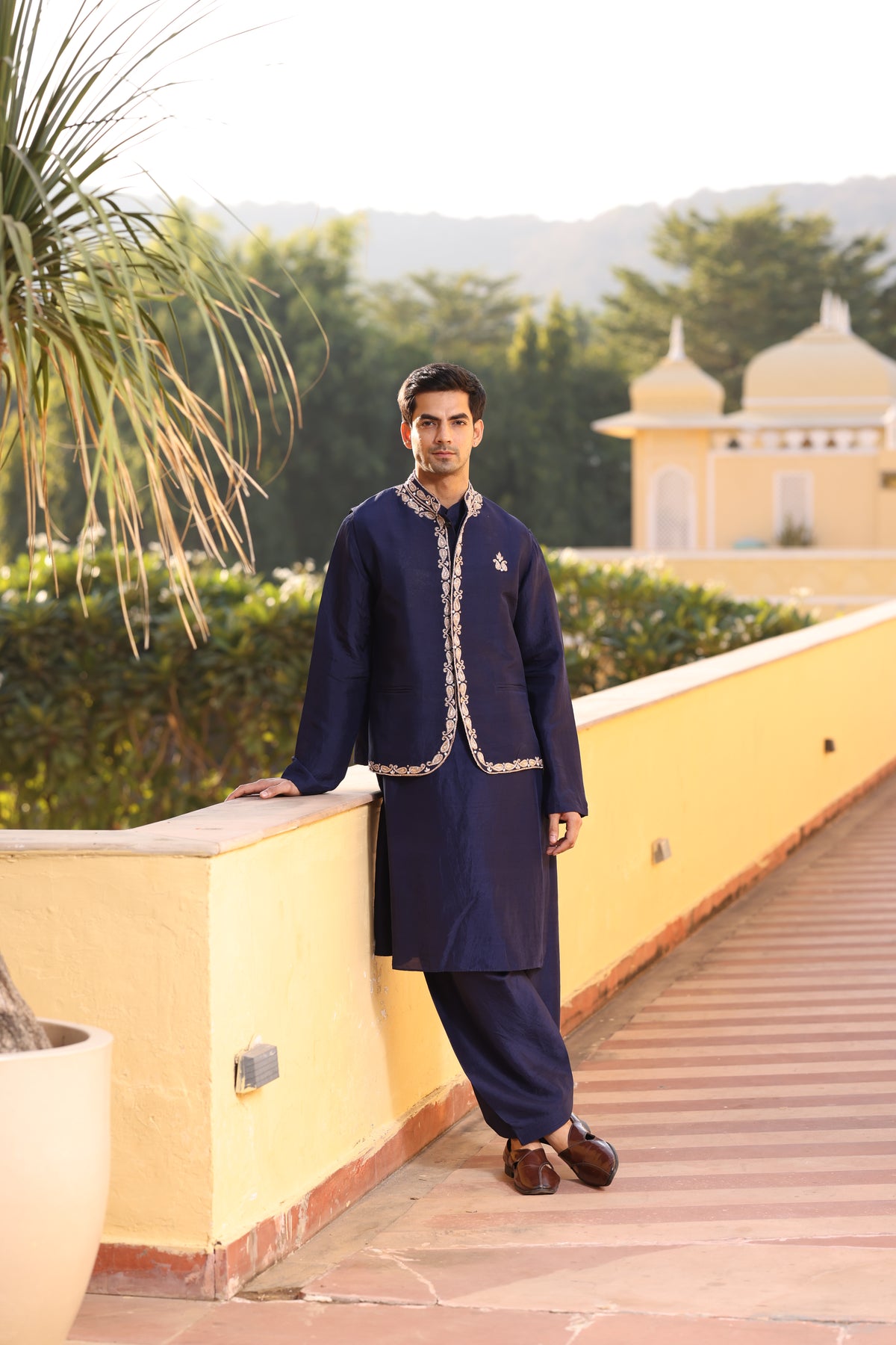 Navy Blue Silk Zardozi Davka Kurta Set with Modi-Jacket