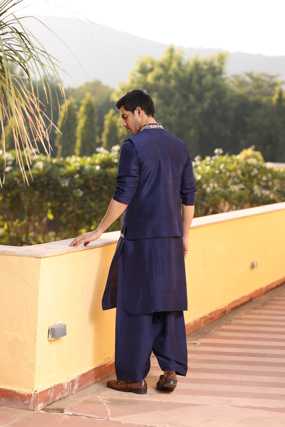 Navy Blue Silk Zardozi Davka Kurta Set with Modi-Jacket