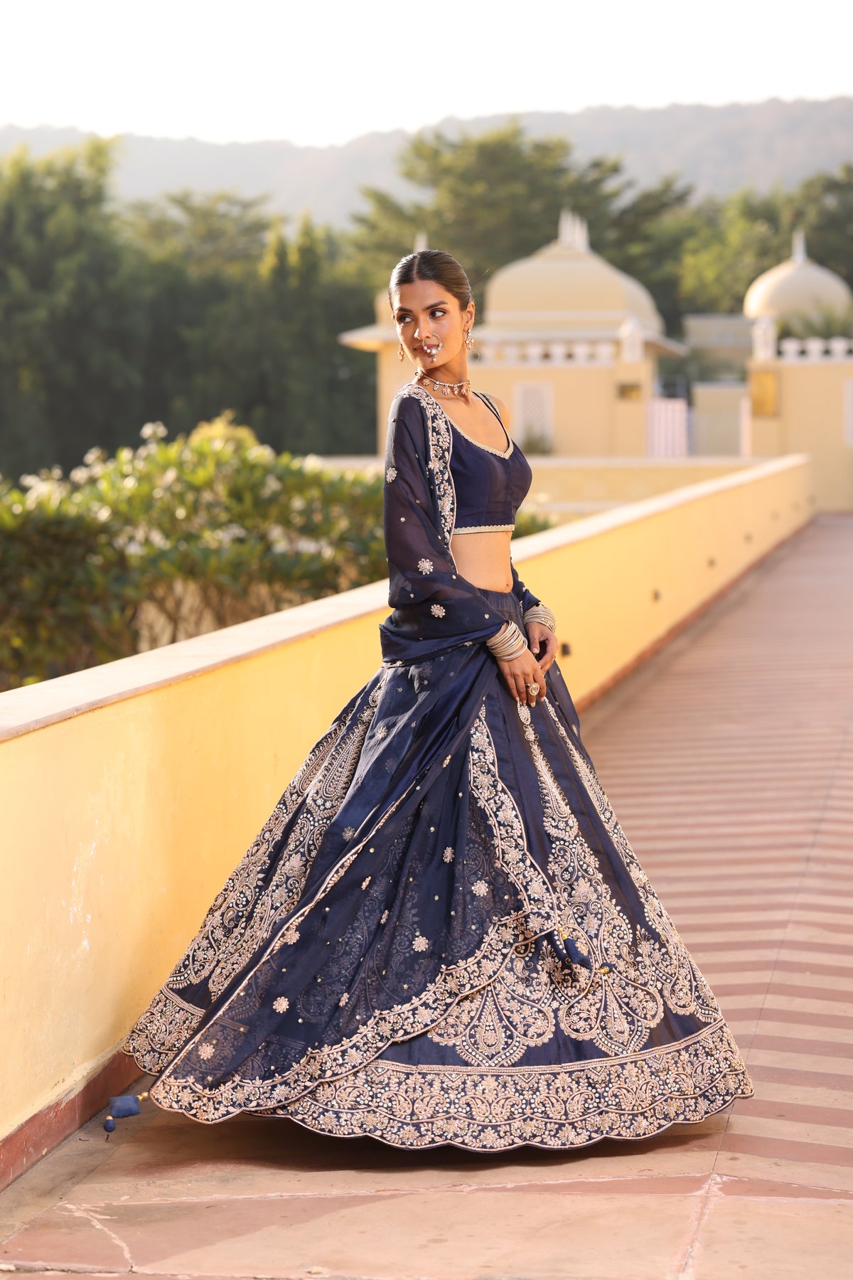 Navy Blue Silk Lehenga with Dabka Zardozi & Sequin Work